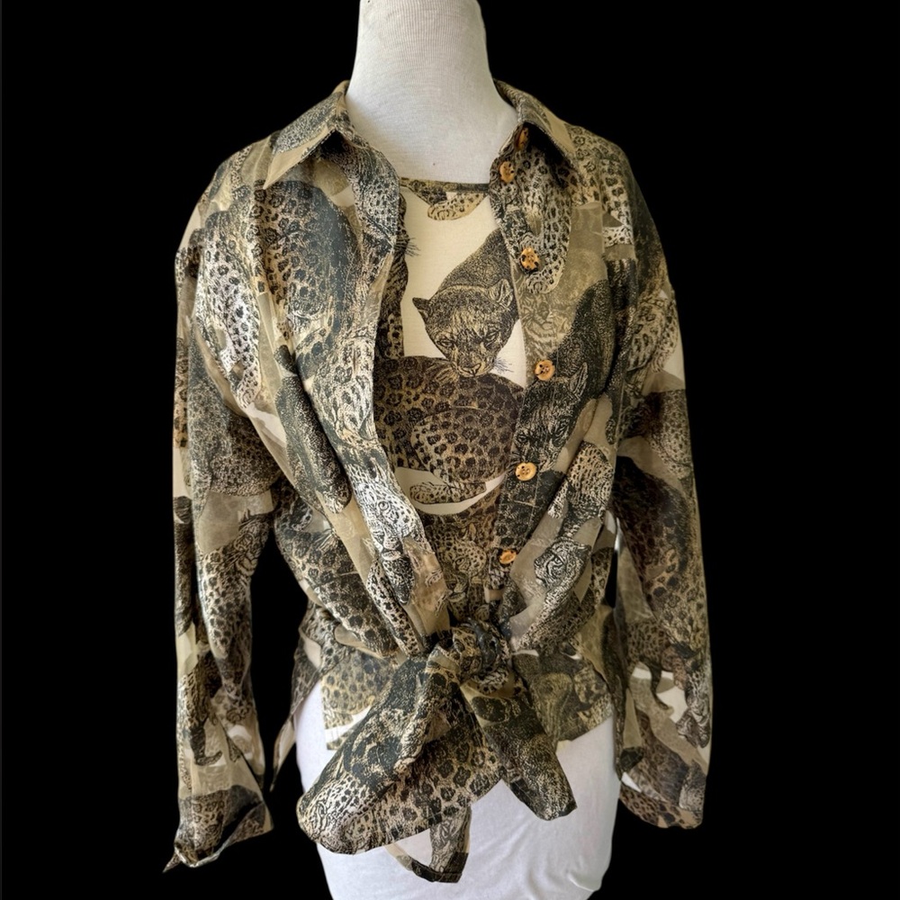 Vtg 90s Silver Dorothy Schoelen Animal Print 2pc Set Knit Top Sheer Blouse Sz M